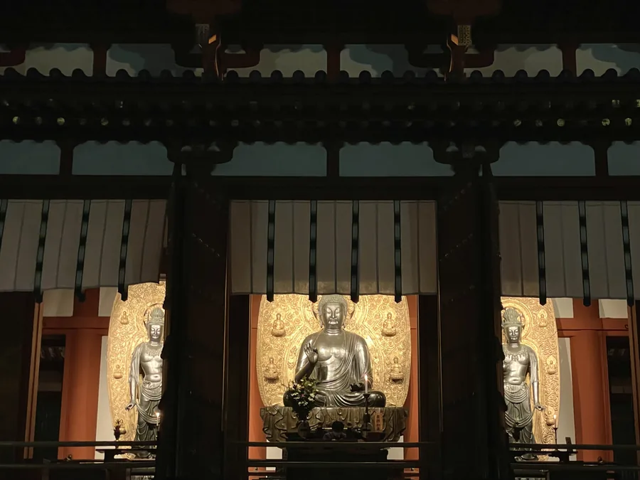 夜間特別拝観の金堂 薬師三尊像